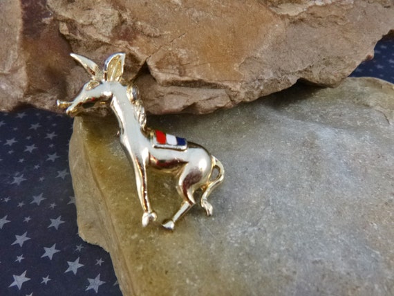 Vintage BJ (Beatrix) Red White and Blue Democratic Donkey Figural Pin circa l970-80s