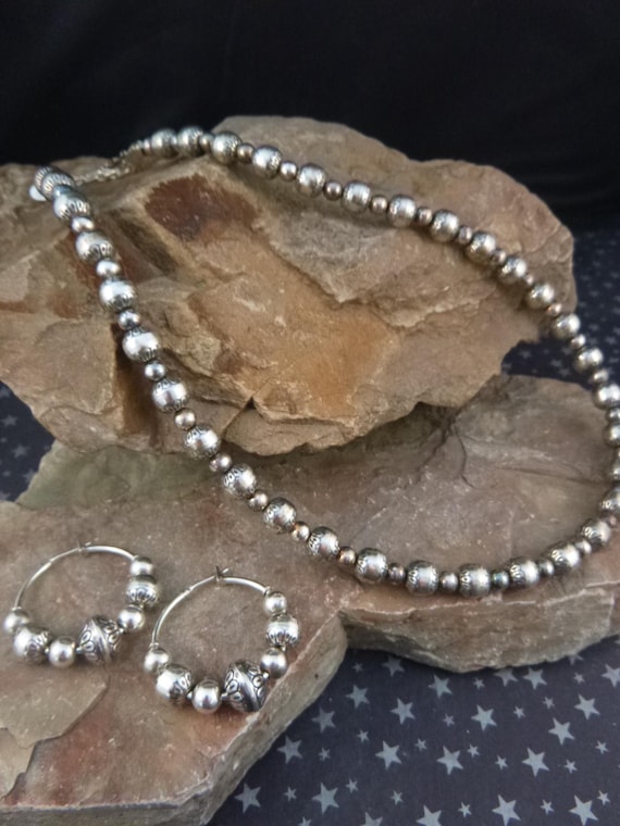 Carolyn Pollack Vintage Southwestern Sterling Silver Necklace and Pierced Hoop Earrings | Relios Jewelry Set