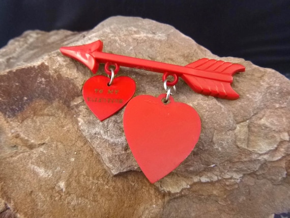 1960s Red Thermoset Plastic Two Heart Be My Valentine Pin | Mid-Century Valentine Brooch