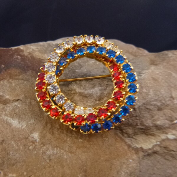 Patriotic Red White and Blue Rhinestone Circle Vintage Brooch | Classic Timeless July 4 or Anytime Pin