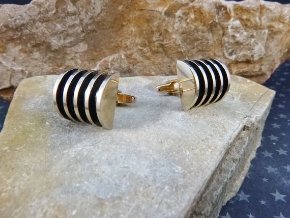 Modernist Big Chunky Industrial Design Foster Gold Tone and Black Vintage Bold Cuff Links circa l970s