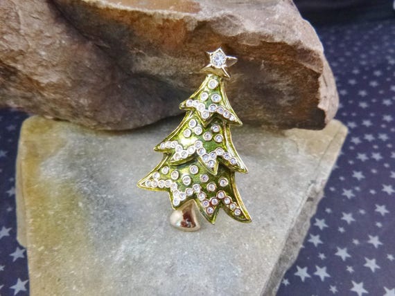 Small Monet Vintage Christmas Tree Pin | Green Enamel with Rhinestones | Timeless Classic Christmas Brooch