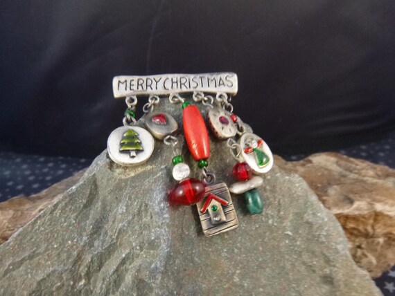 Merry Christmas Double-Sided Vintage Pewter Pin with Dangling Holiday Messages and Charms | Festive Fun