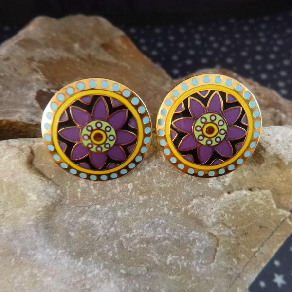 Laurel Burch “Waterlilies” Cloisonné Enamel Round Vintage Pierced Earrings
