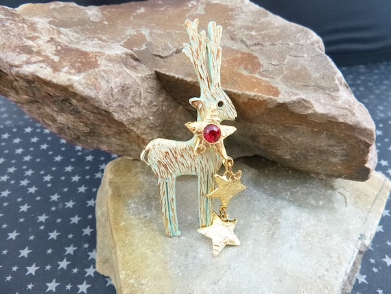 Ultra Craft Christmas Reindeer With Dangling Star Streamer Vintage Holiday Pin