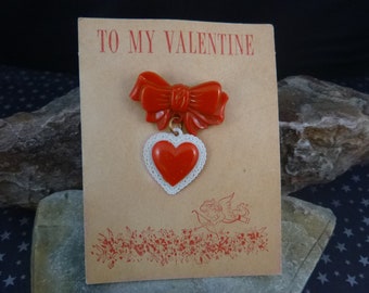 1950s Celluloid Plastic Red Valetine Heart Dangling from Bow Vintage Pin | To My Valentine Original Card | Book Piece