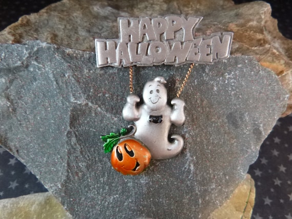 Happy Halloween Vintage Pin Whimsical Ghost on Swing with Jack O Lanterns