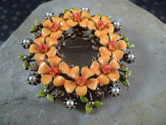 Vintage ART Signed Colorful Floral Enamel and Faux Pearl Wreath Brooch