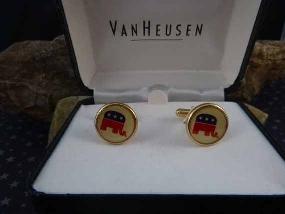 Van Heusen Elephant Cuff Links in Original Box | Vintage Republican Party Affiliation Political Cufflinks | Red White and Blue