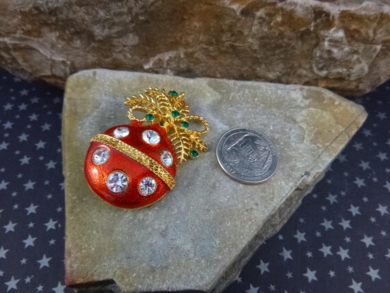Christmas Ornament on Branch Vintage Brooch | Red Large Ball Ornament with Rhinestones | Holiday Pin View 2
