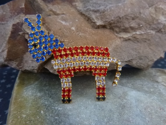 Red White and Blue Democrat Donkey Rhinestone Patriotic Vintage Pin