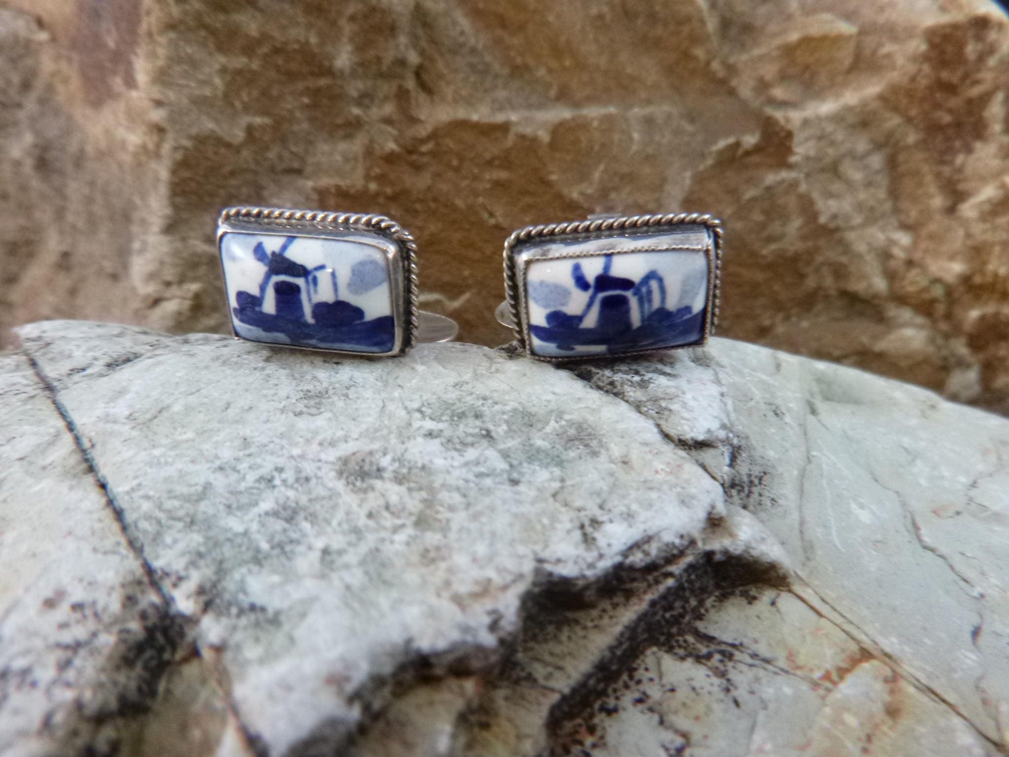 1920s Delft Windmill Cuff Links Blue and White Porcelain 835 Silver