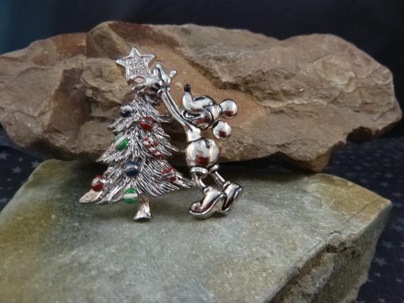 Vintage Mickey Puts Star on Christmas Tree Pin | Disney and Napier | Rare Collectible | Book Piece