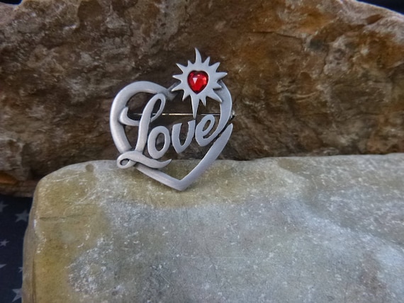 Message of Love Timeless Vintage Pin | JJ Jonette Signed Pewter Heart Brooch | Red Heart within a Heart Love Brooch