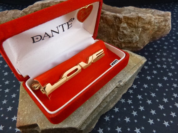 Dante l960s LOVE Tie Clip Vintage NOS (New Old Stock) in Original Box with Chain