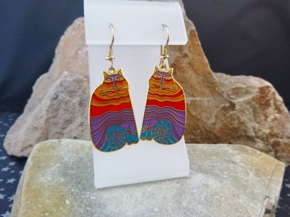 Laurel Burch “Rainbow Cats” Whimsical Vintage Earrings | Cloisonné Enamel Drop Pierced Cat Earrings with French Wires