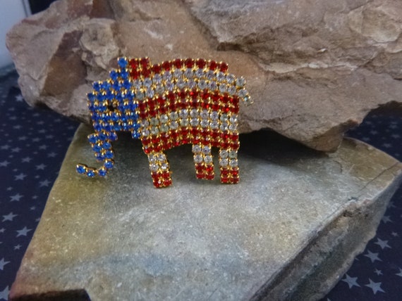 Rhinestone Republican Elephant Patriotic Pin | Red White and Blue Elephant Vintage Brooch | GOP Party Affiliation