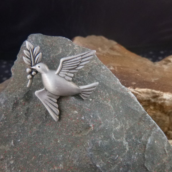 Dove of Peace with Laurel Branch Vintage Tack Pin | JJ Signed | Pewter Pin with a Timeless Message | Lapel, Hat, Backpack Peace Pin