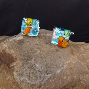 Murano Glass Signed Vintage Venetian Cuff Links | Muti-colored Abstract Style Glass Cufflinks