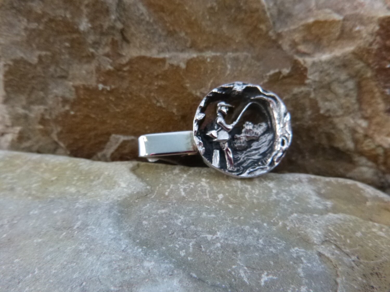 Fly Fishing Tie Clip Fly Fisherman Repousse Open Cut Tie Clasp