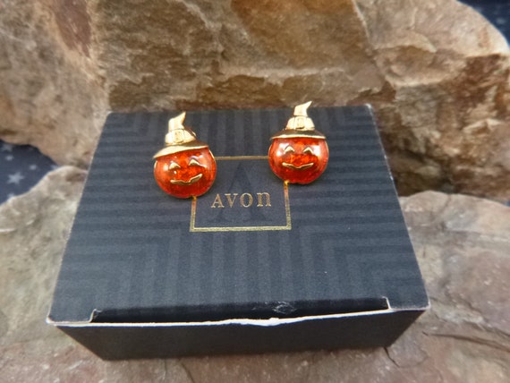 Orange Jack O Lantern Pierced Halloween Earrings | 1994 Avon Cute Pumpkin Post Earrings in Original Box Book Piece