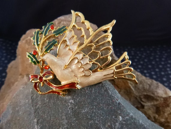 Christmas Dove of Peace Vintage Brooch  Holiday Pin Dove with Holly Branch