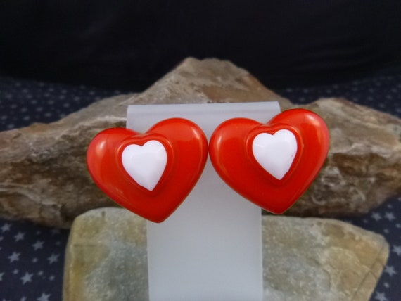 1980s Red and White Heart in a Heart Vintage Earrings | Clip Back | Lucite Plastic | Valentine or Anytime Red Heart Earrings