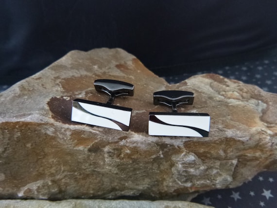 Rectangular Black and White Coated Metal Vintage Cuff Links | Modernist Style Cufflinks