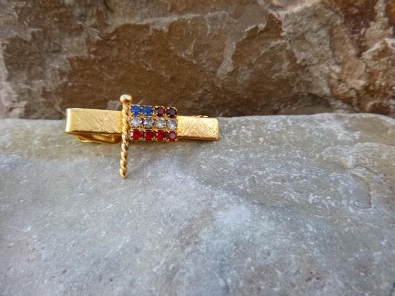 American Flag Patriotic Small Tie Clip with Red White and Blue Rhinestones July 4