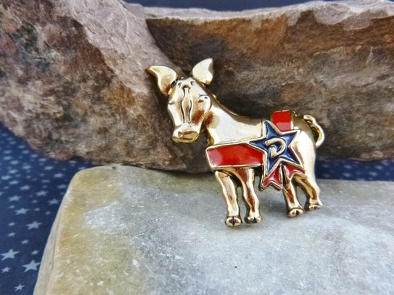 Patriotic Democratic Vintage Donkey Pin Blue and Red | Gold Tone with D on Star | Party Affiliation Pin