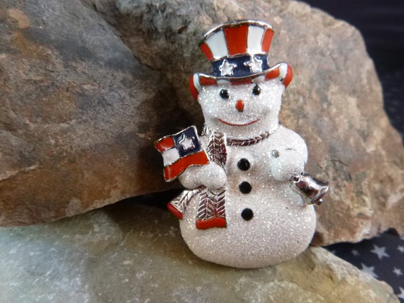 Patriotic Snowman Vintage Holiday Pin Red White Blue Sparkly Snowman with Top Hat and Flag