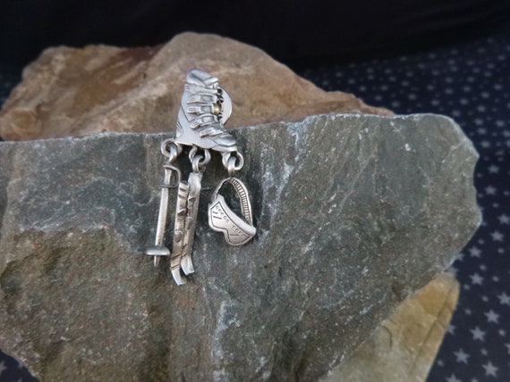 Ski Lover Vintage Small Lapel Pin | JJ Signed Pewter Ski Boot with Dangling Mask, Pole and Skis