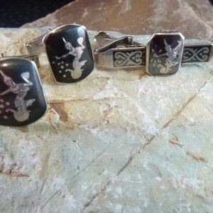 Vintage Siam Sterling Silver Nielloware Cufflinks Tie Clasp Set