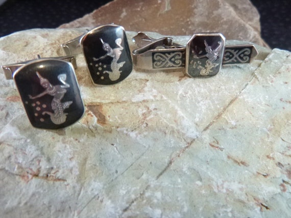 Siam Sterling Silver Niello or Nielloware Cuff Links / Cufflinks and Tie Clasp Vintage Set circa l940s