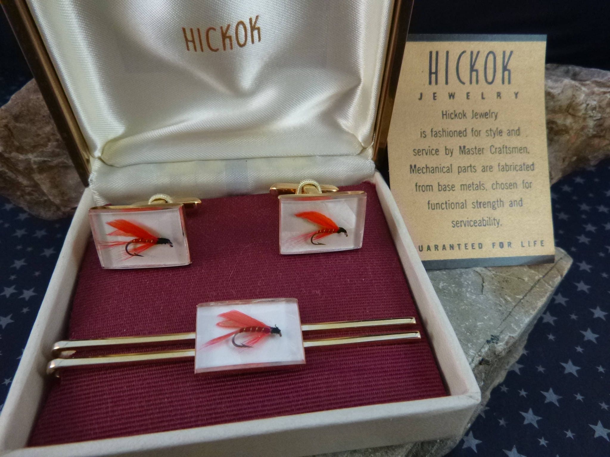 Hickok Fly Fishing Lure Glass Encased Fishhook Vintage Cuff Links