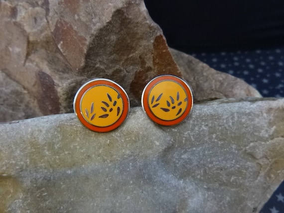 Laurel Burch Bamboo Leaf Round Post Earrings | Cloisonné Enamel Yellow and Orange Asian Flair Vintage Pierced Earrings