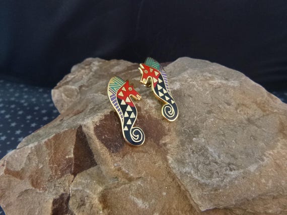 Laurel Burch “Sea Stallion” Cloisonné Enamel Vintage Post Sea Horse Earrings for Pierced Ears