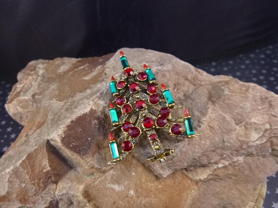 Vintage Signed Pakula Christmas Tree Brooch | Seven Green Baguette Candles with Red Rhinestone Ornaments | Book Piece | Old World Look