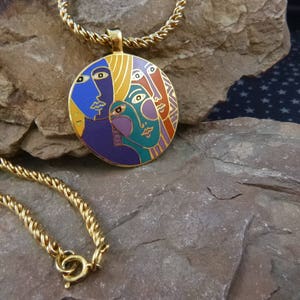 Laurel Burch “Woman Spirit” 1993 Necklace | Cloisonné Enamel Large Vintage Pendant with Long Gold Tone Chain
