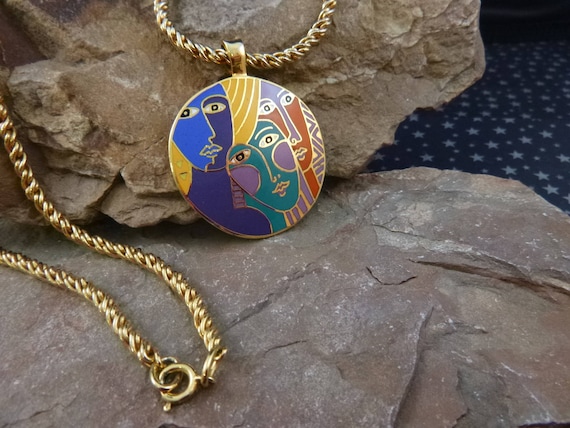 Laurel Burch “Woman Spirit” 1993 Necklace | Cloisonné Enamel Large Vintage Pendant with Long Gold Tone Chain