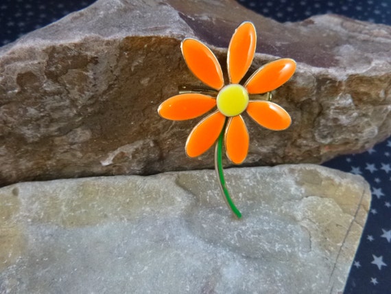 Spring Summer Bright Orange Flower Brooch Enamel Vintage Pin