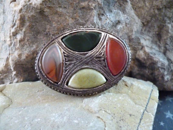 Scottish Faux Agate Antiqued Pewter Vintage Brooch