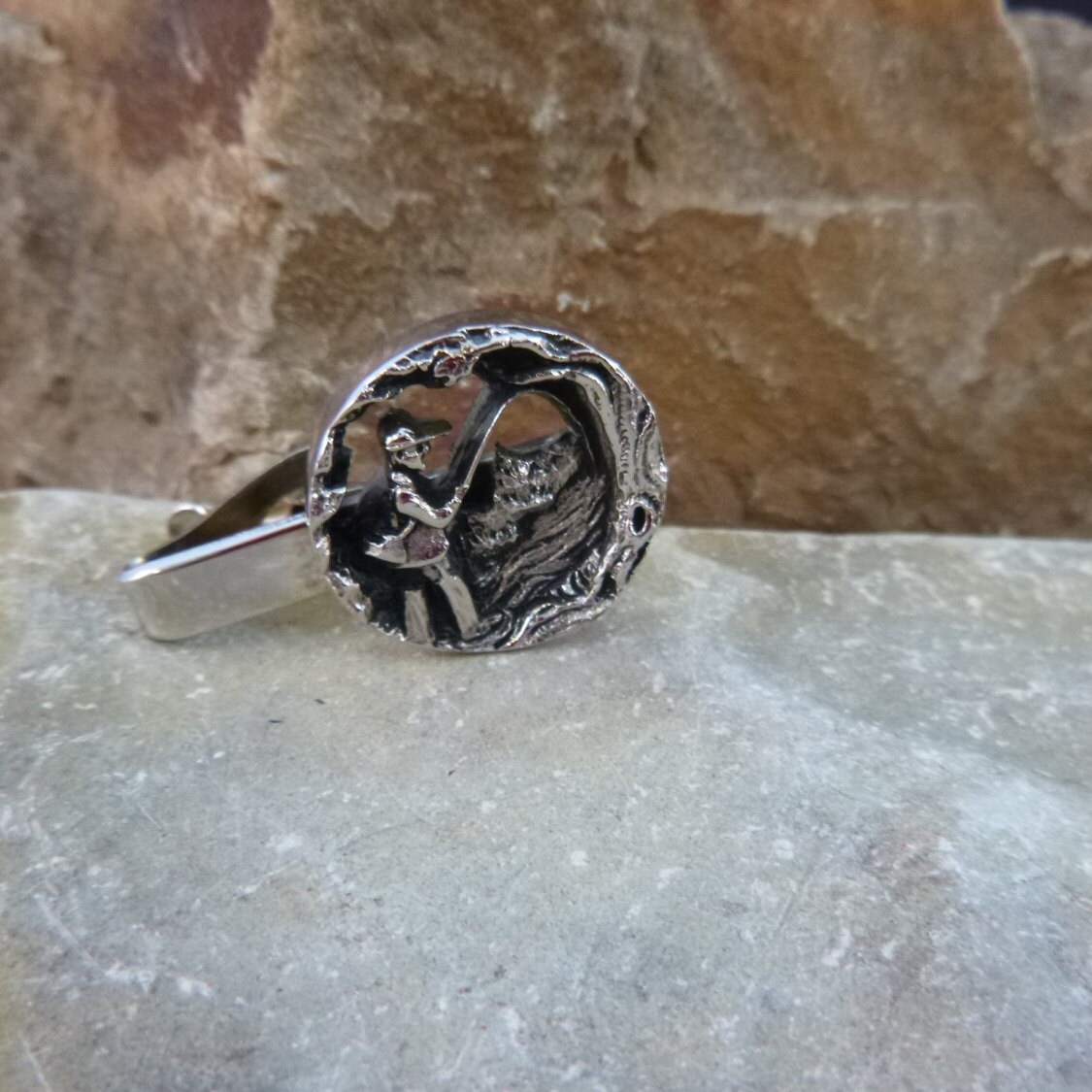 Fly Fishing Tie Clip Fly Fisherman Repousse Open Cut Tie Clasp