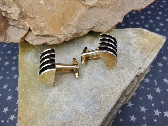 Vintage Foster Cuff Links: Gold Tone & Black Industrial Design, 1970s View 5