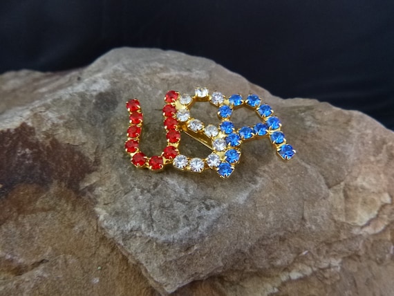 USA Vintage Pin | Red White Blue Rhinestone Sparkle Patriotic July 4, Memorial Day, or Any Day U.S.A. Pin