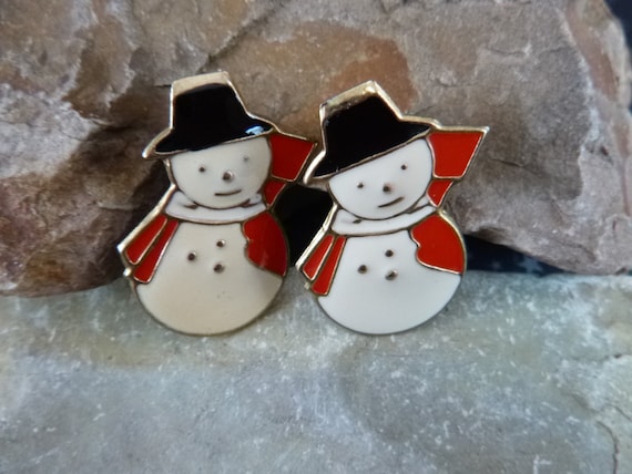 Holiday Snowman Vintage Cute Metal Earrings Red White Black Enamel Post Earrings for Pierced Ears