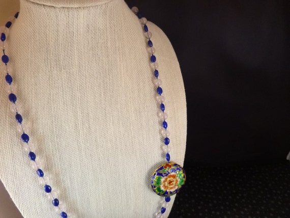 Cloisonné Long Vintage Necklace with Glass Blue and White Beads Asymmetrical Style Floral Design