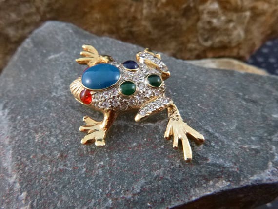 Spunky Frog Brooch | Red Eyes, Clear Rhinestones and Cabochons Bumps Sparkly Vintage Frog Pin