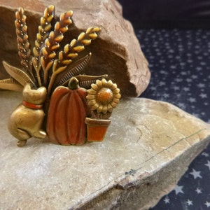 Fall Harvest Scene with Relaxing Cat, Sunflower and Big Orange PumpkinVintage Enamel Brooch