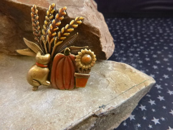 Fall Harvest Scene with Relaxing Cat, Sunflower and Big Orange PumpkinVintage Enamel Brooch